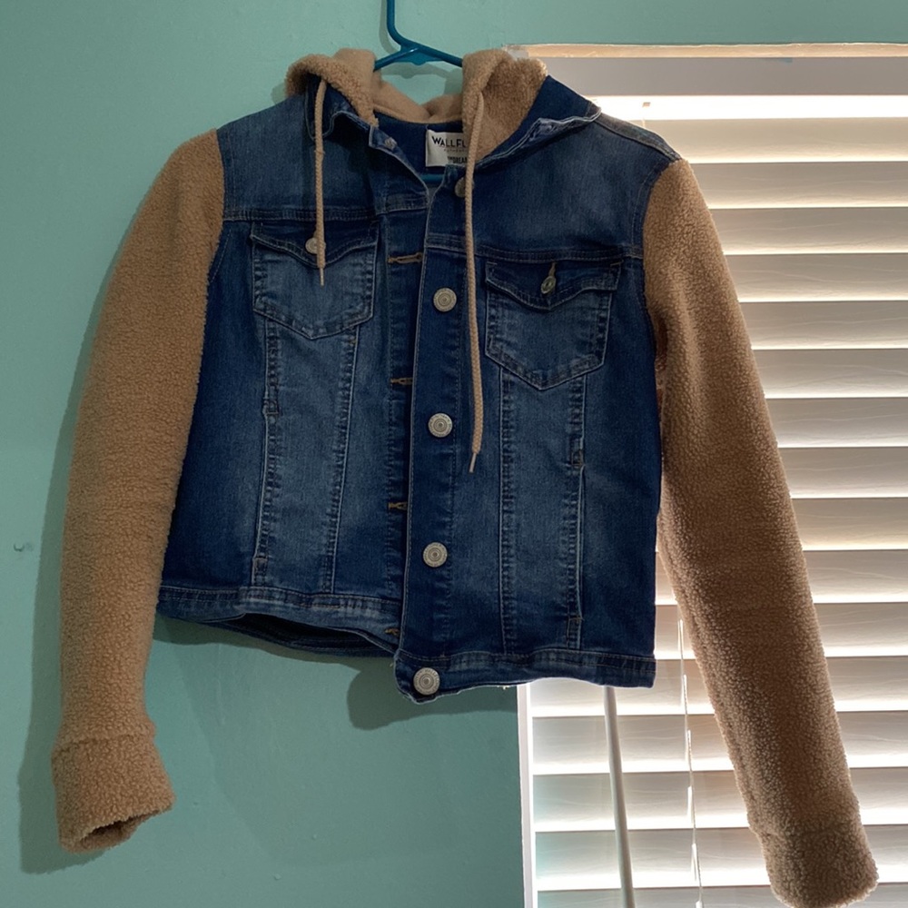 Jean jacket with furry hoodie and sleeves